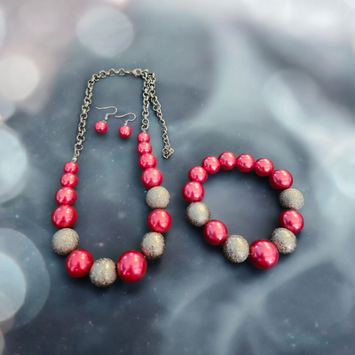 Silver Red Bead Necklace Set