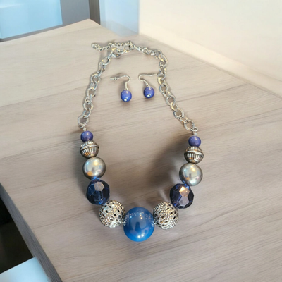 Silver and Blue Bead Necklace Set