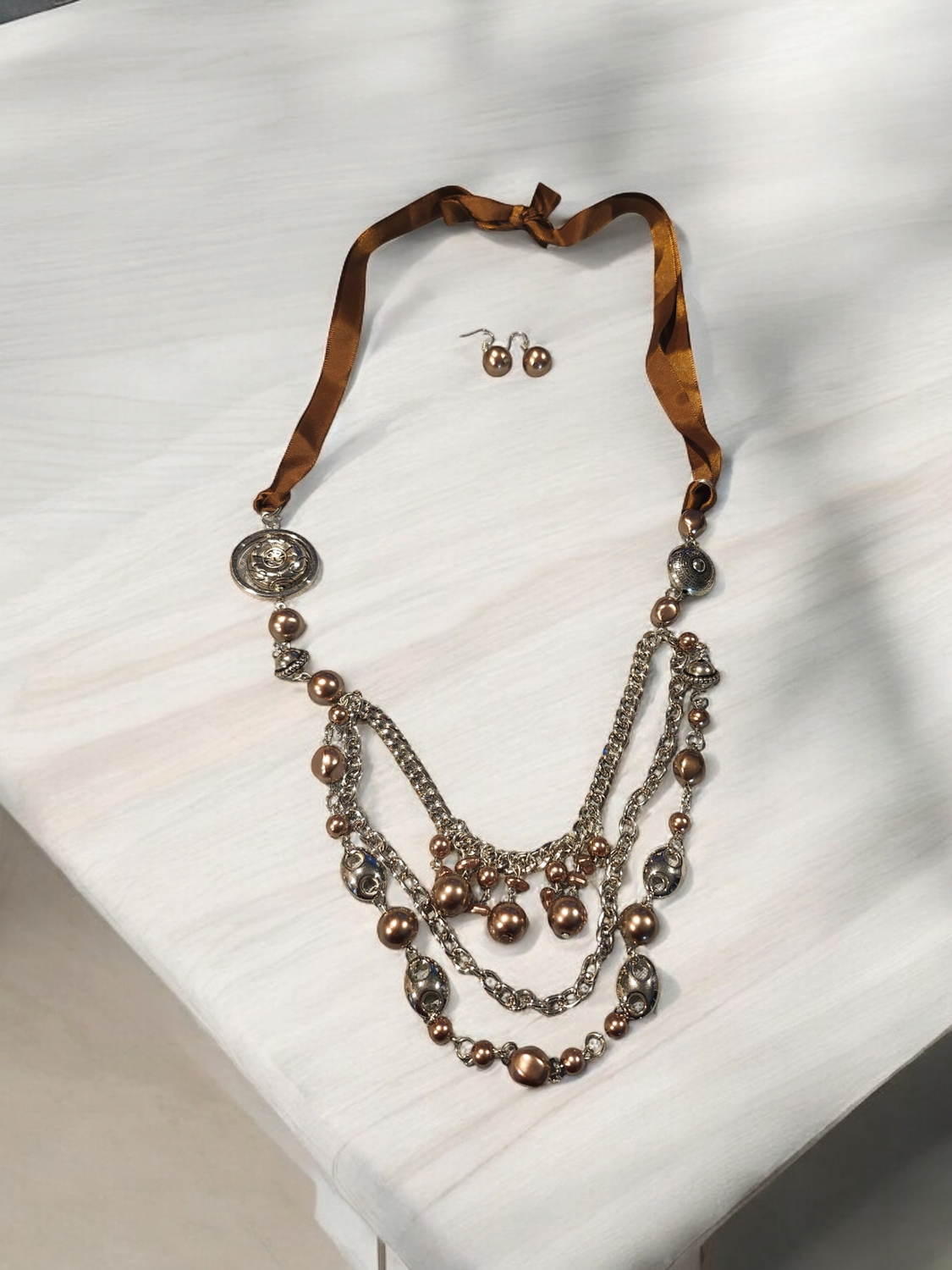 Bronze and Silver Bead Necklace Set
