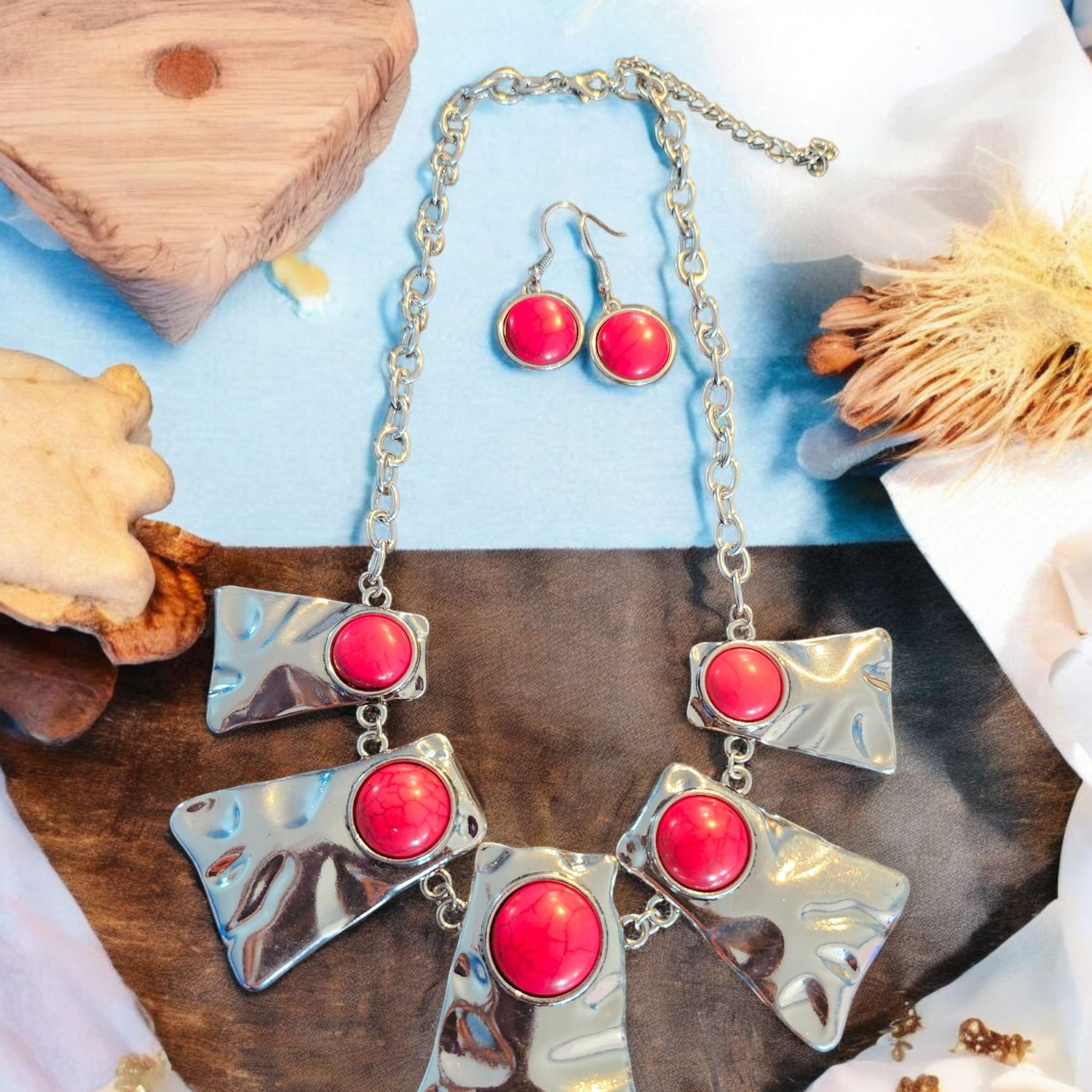 Red Crackle Stone Silver Necklace Set