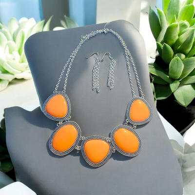Orange Stone Silver Necklace Set