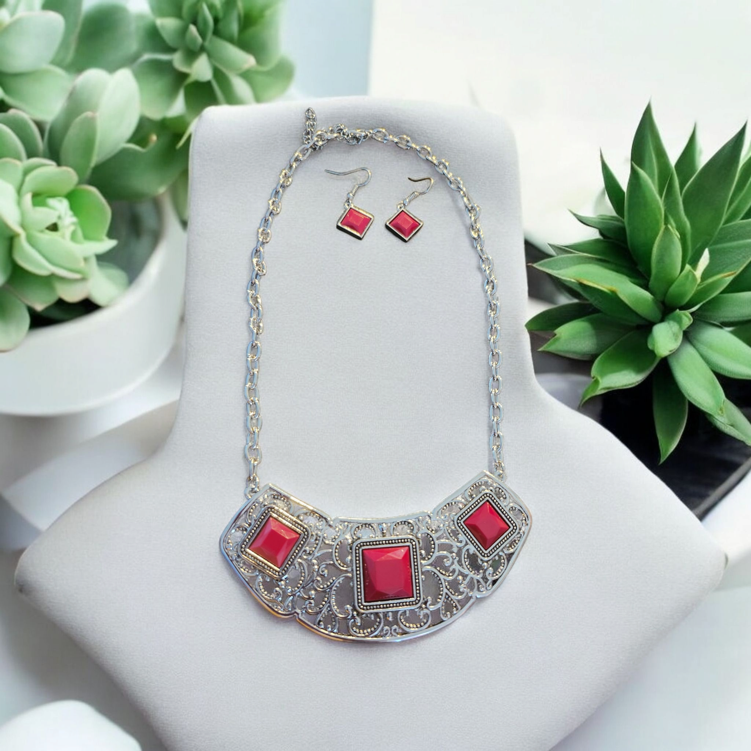 Red Stone Silver Necklace