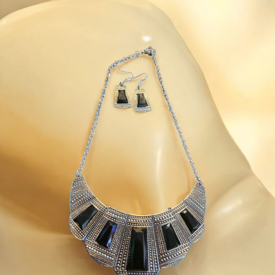 Black Stone Silver Necklace Set