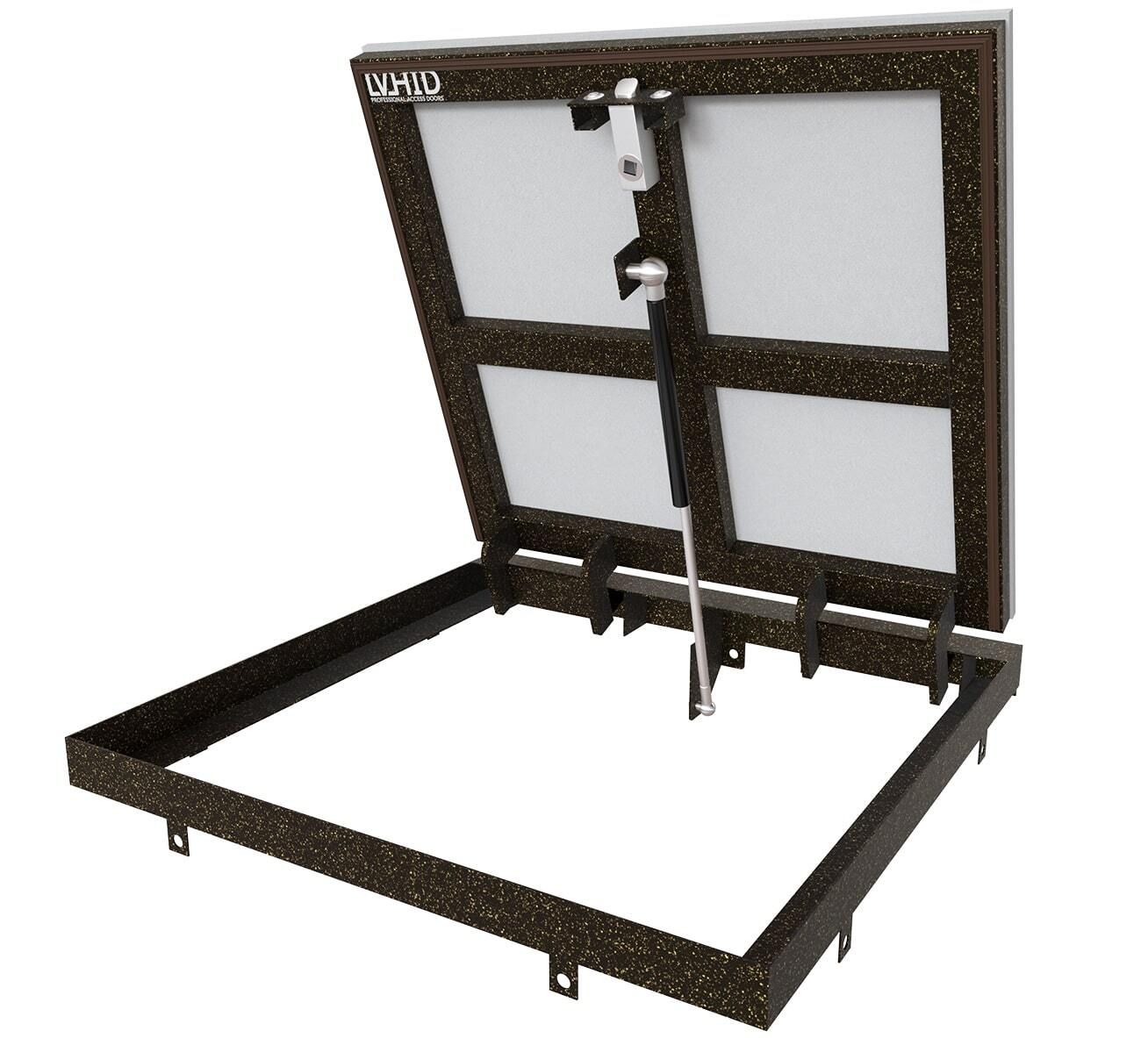 Hidden floor hatch with an axle hinge that opens with the help of gas shock absorbers, mod. Elementor. Black steel