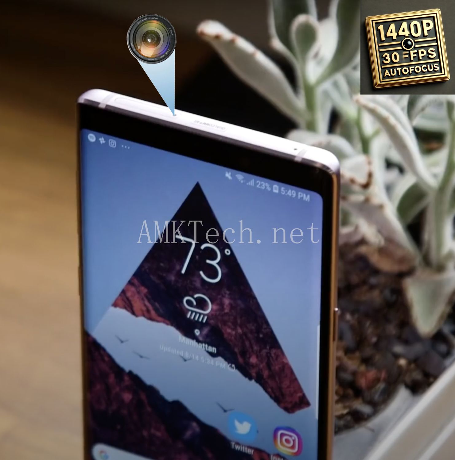 Close-up of Galaxy Note 9 featuring a stealthily hidden spy camera, perfect for covert recording with high-definition clarity, ideal for secretive mobile surveillance.