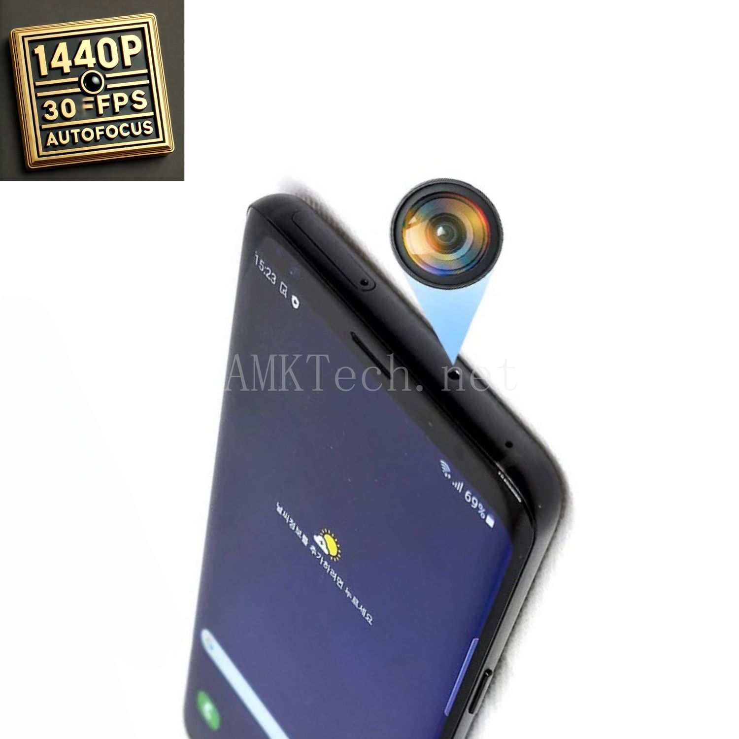 Close-up of the hidden spy camera on Modified Samsung Galaxy S9+ expertly concealed for discreet autofocus recording