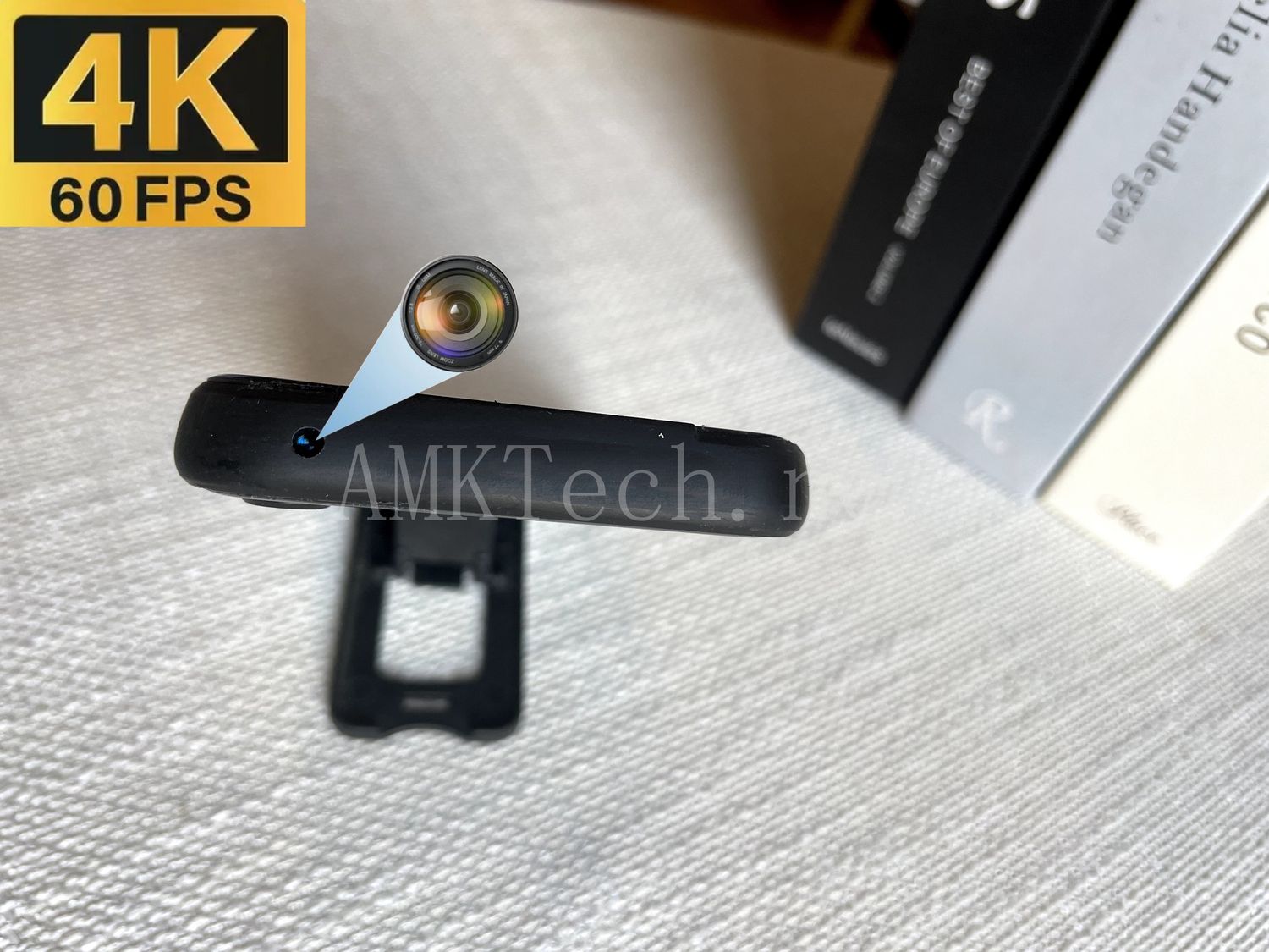 Close-up of the hidden spy camera on iPhone 8 expertly concealed for discreet 4K 60FPS recording with top lens inside the phone