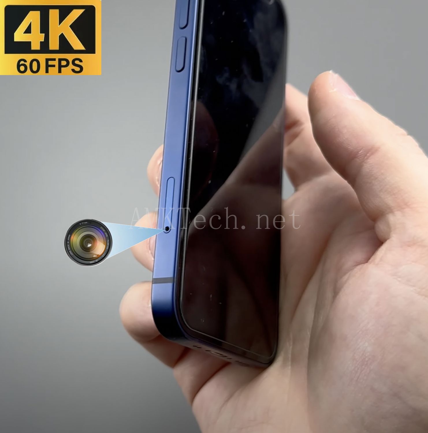Close-up of the hidden camera on iPhone 12 Mini – Seamlessly integrated for stealth 4K recording.