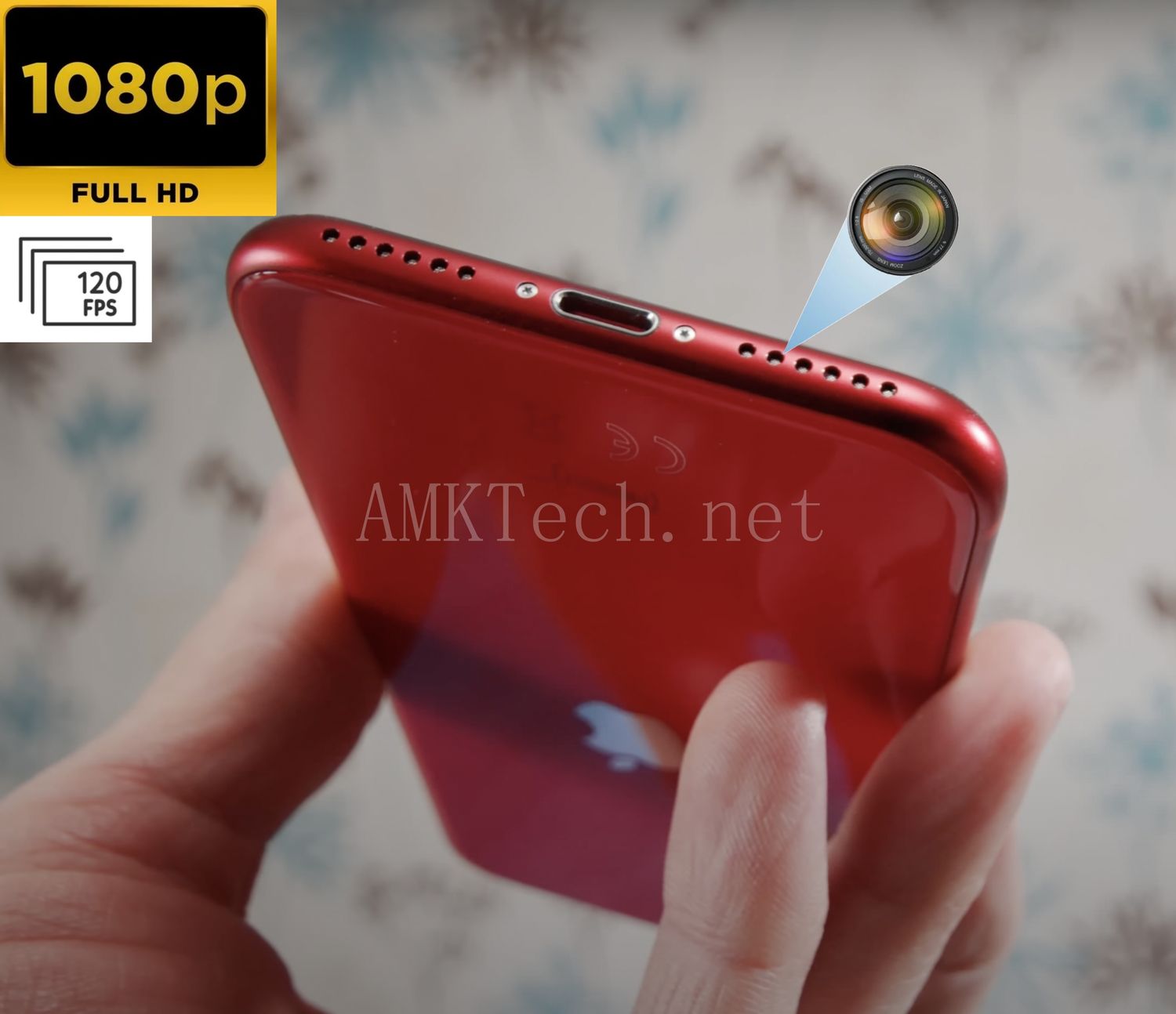 Close-up of the hidden spy camera on iPhone SE 2022 expertly concealed for discreet 4K 60FPS recording with advanced autofocus