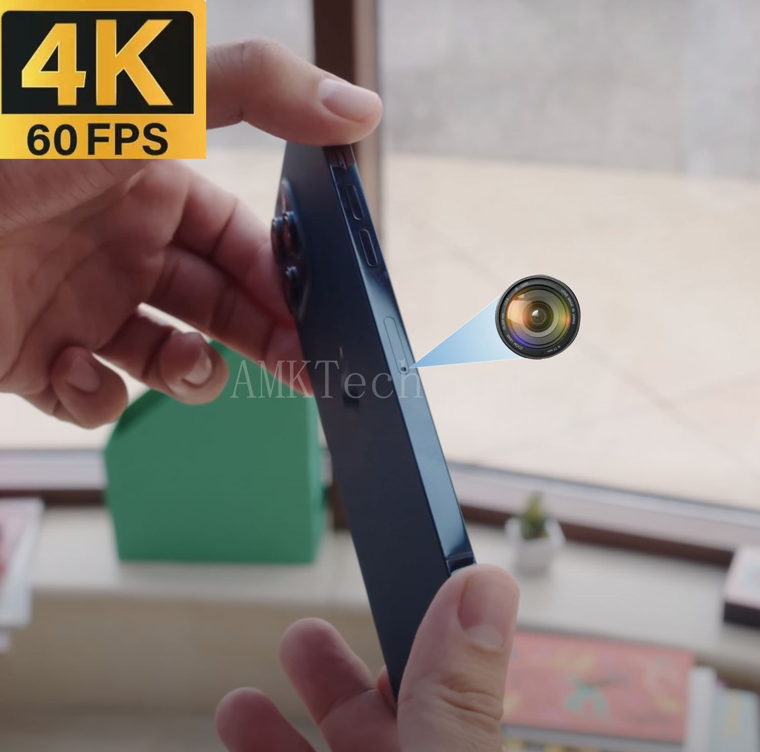 Close-up of the iPhone 12 Pro Max spy camera phone, featuring a discreet side lens for seamless 4K@60FPS recording — perfect as a hidden camera phone, spy phone camera, secret camera phone, mobile phone with spy camera, stealth phone camera, and spy camera device for private, confidential filming.