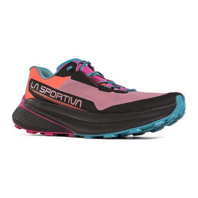 La Sportiva Prodigio women’s trail running shoe in Rose and Springtime colourway, side view highlighting breathable knit upper, rocker geometry, and grippy dual-rubber outsole.