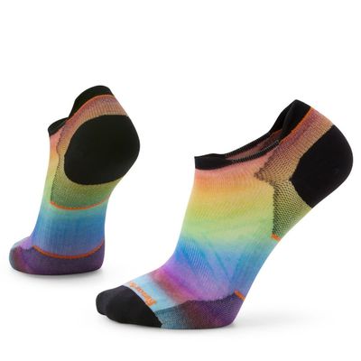 Smartwool Run Zero Cushion Pride Rainbow Print Low Ankle Socks with vibrant multicolour stripes, shown from side view to high