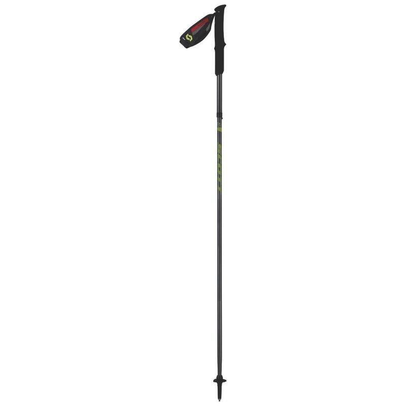 SCOTT Trail Running Pole, fully extended, with a 3-part aluminum shaft, foam grip, and carbide tip for hilly and rugged trails.