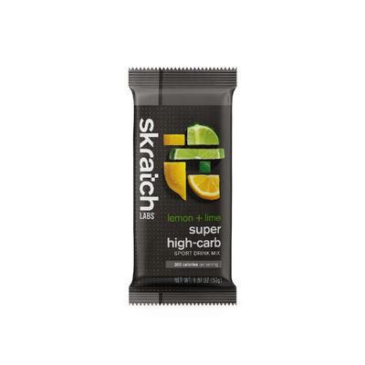 Single-serving Skratch Labs Super High-Carb Sport Drink Mix in Lemon + Lime; endurance fueling powder with 400 calories and slow-digesting Cluster Dextrin™.

