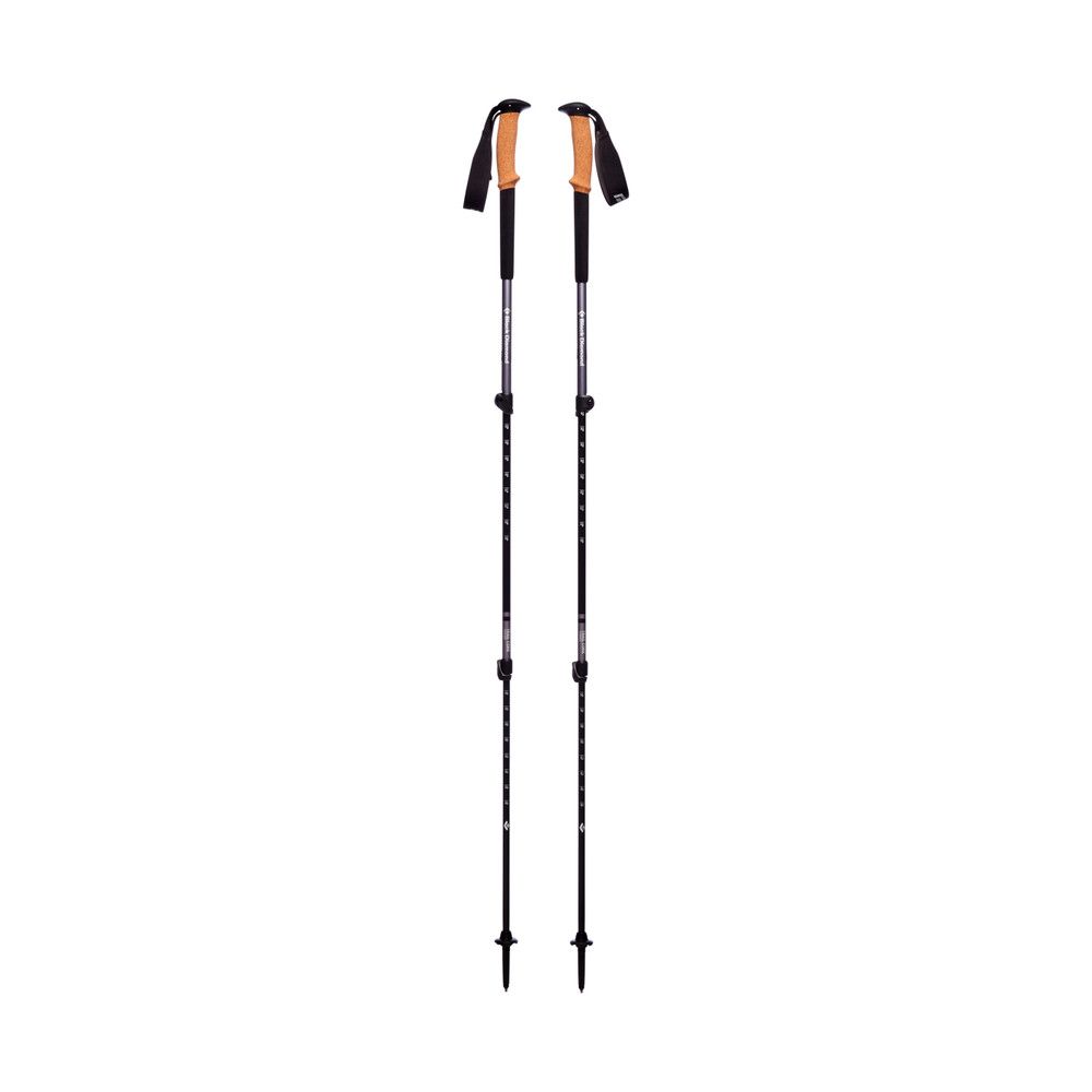 Black Diamond Trail Cork Trekking Poles with natural cork grip, EVA foam extension, and 4-season flex tips for all-terrain trekking.