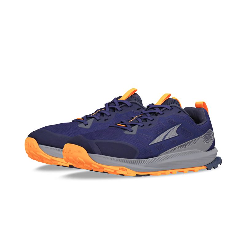 Altra Lone Peak 9 Men&#39;s trail running shoe in navy and orange with recycled ripstop mesh upper, MaxTrac™ outsole, and EGO™ midsole for grip and comfort.