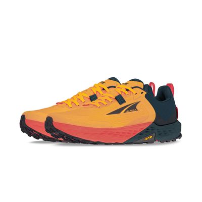Men’s Altra Timp 5 trail running shoe in orange, featuring Vibram® Megagrip™ outsole, and Altra EGO™ MAX cushioning for high-performance trail running and hiking