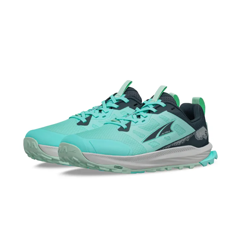 Teal pair of Altra Women&#39;s Lone Peak 9, featuring a recycled ripstop mesh upper and MaxTrac™ outsole for superior trail grip