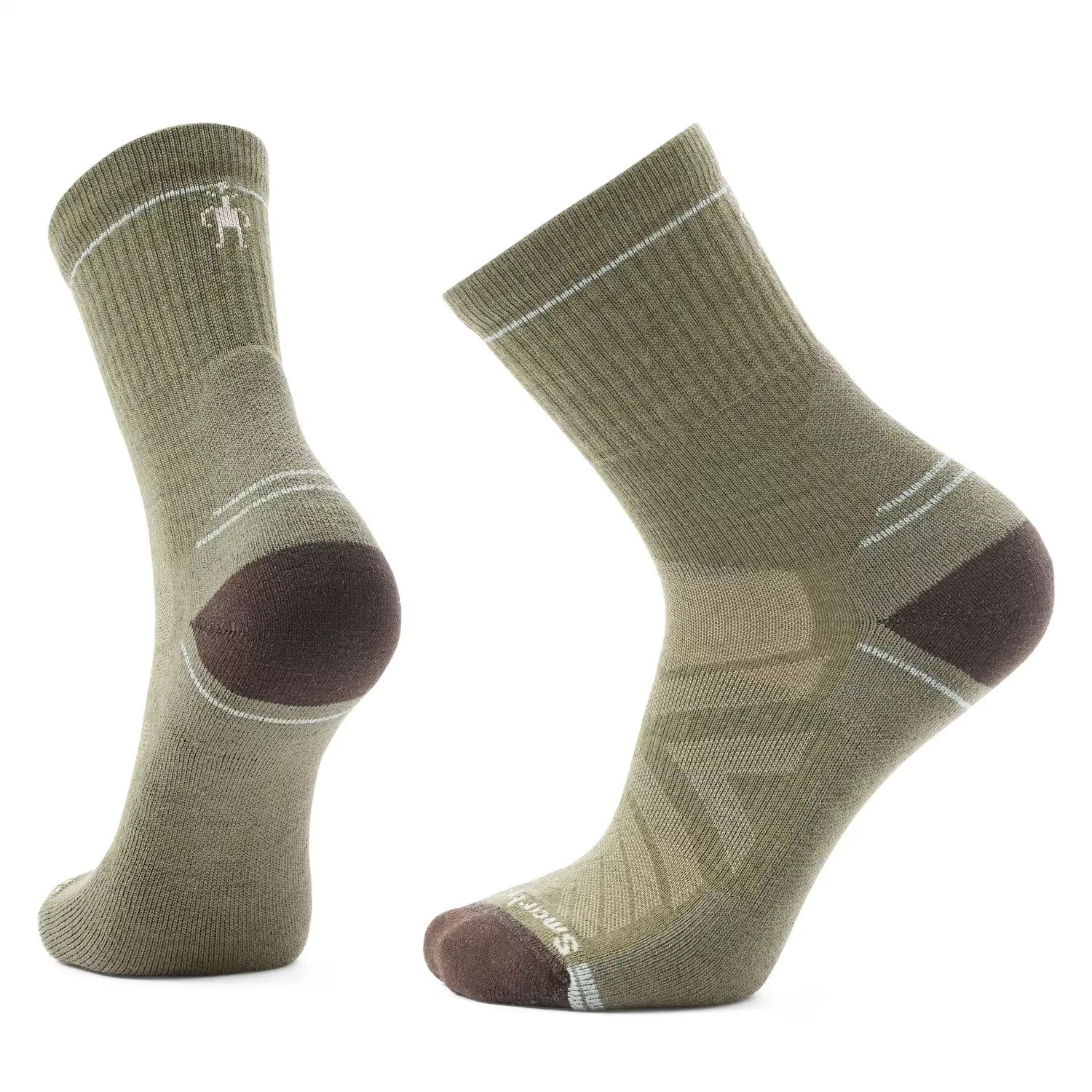 Smartwool Hike Light Cushion Mid Crew Socks in a mid-crew length and winter moss colour, featuring breathable mesh zones and durable Merino wool construction.