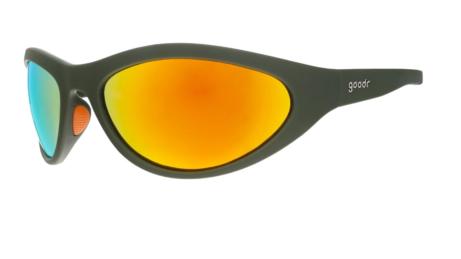 Goodr BUG G Grass Stain Hall of Fame sunglasses – green wraparound sport sunglasses with amber reflective lenses.