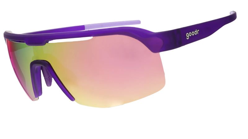 Goodr Bolt G Tentacle Tag Champion sunglasses – purple half-rim shield sport sunglasses with light pink reflective lenses.