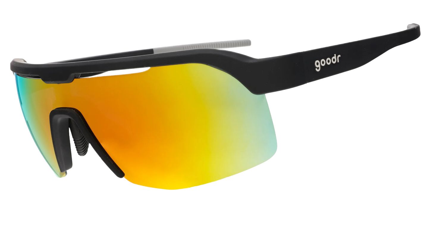 Goodr Bolt G &quot;Do It For The Victory Dance&quot; sunglasses – black half-rim shield sport sunglasses with burnt orange reflective lenses.