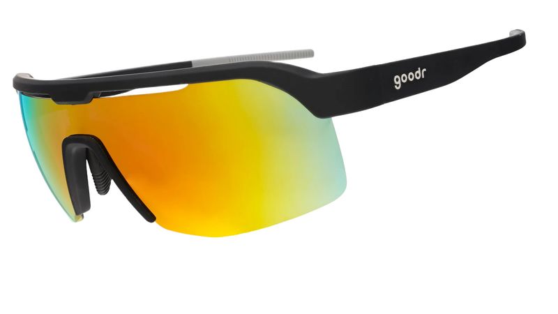 Goodr Bolt G &quot;Do It For The Victory Dance&quot; sunglasses – black half-rim shield sport sunglasses with burnt orange reflective lenses.