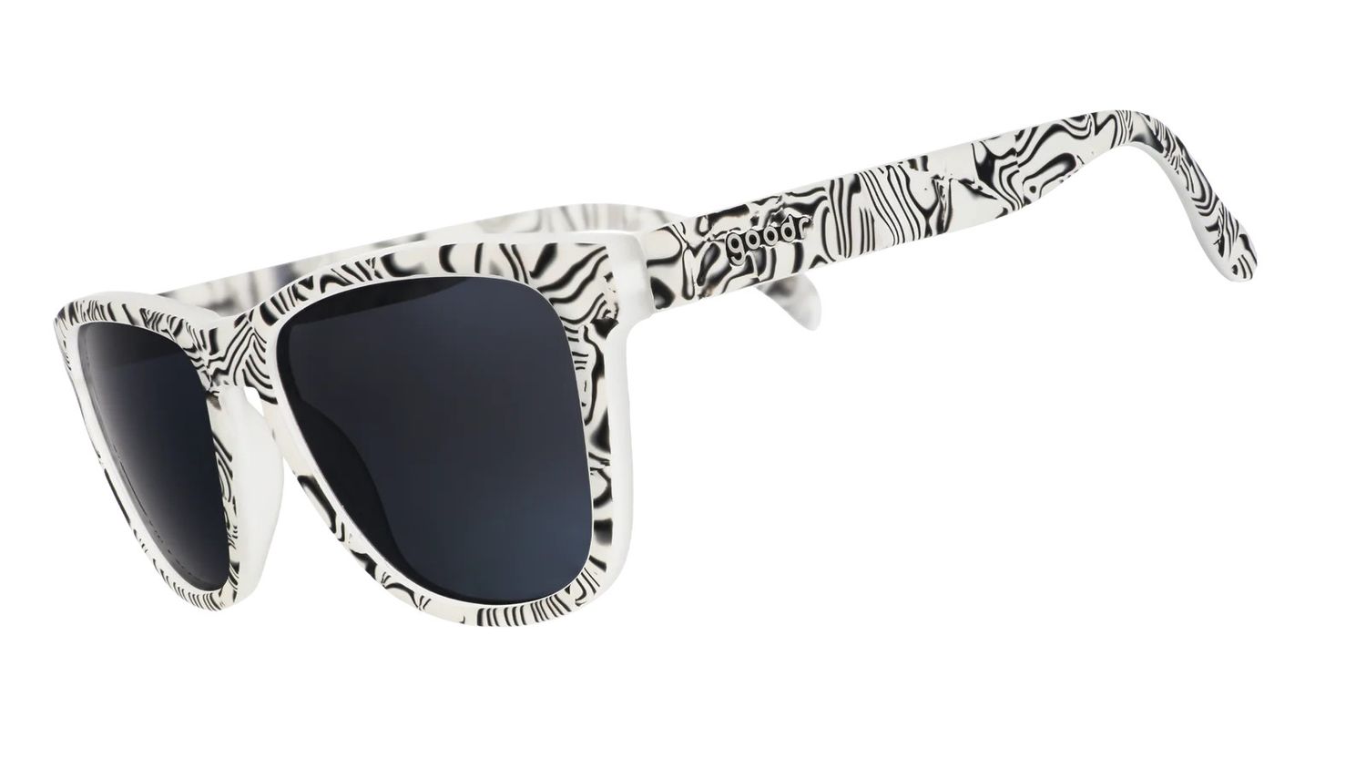 Goodr OG &quot;Zebra Jasper’s Life Coach&quot; sunglasses – limited-edition zebra-patterned frame with black non-reflective lenses.