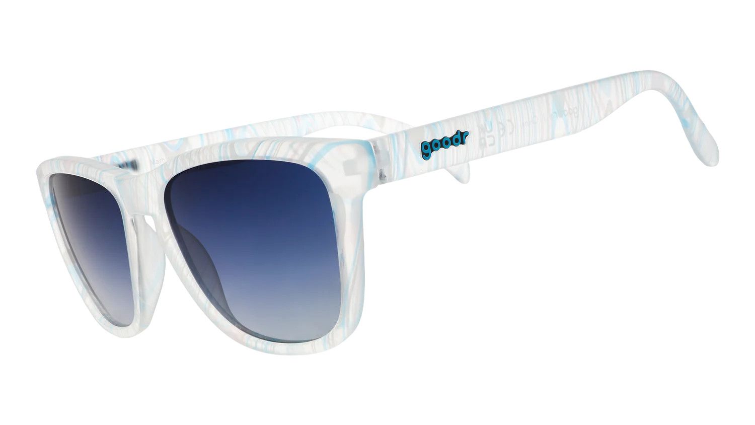 Close-up of Goodr OG Marbleous Blue Yonder Sunglasses, featuring glossy blue translucent marble frames and blue gradient polarized lenses.
