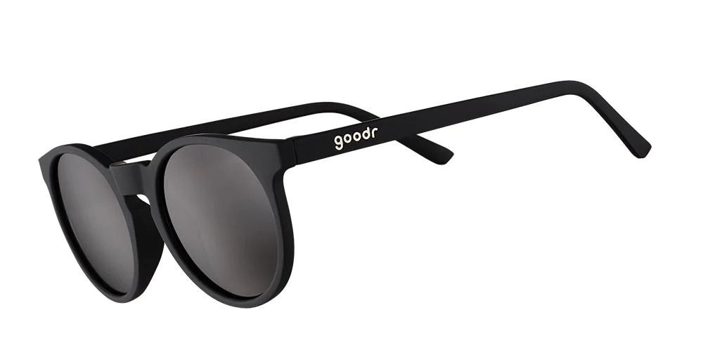 Goodr Circle G It&#39;s Not Black, It&#39;s Obsidian sunglasses with circular black frames and polarized black lenses, designed for smaller faces.