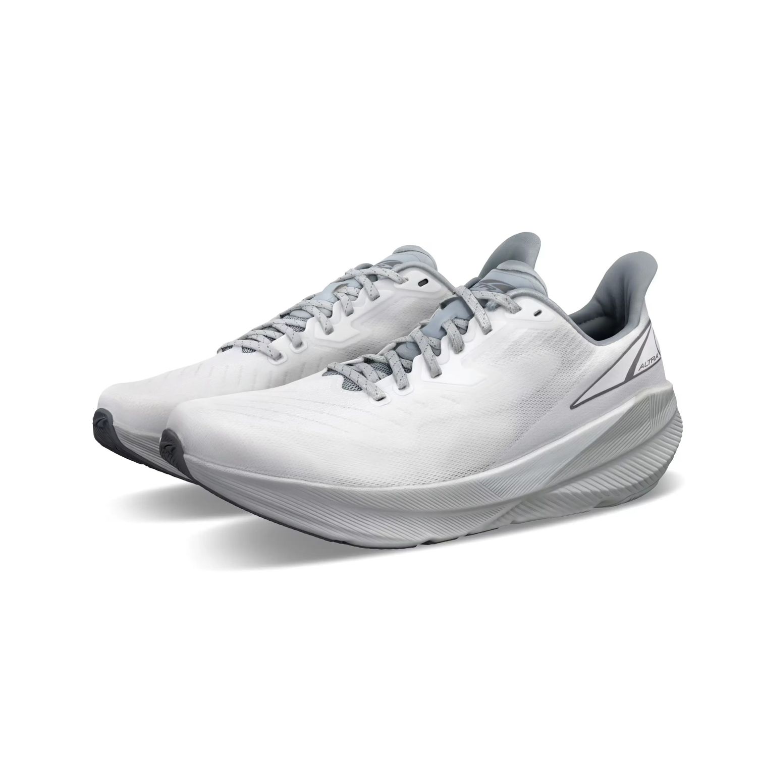 Altra Experience Flow road running shoes with a breathable white and grey mesh upper, 4mm drop, and FootShape fit for a smooth, efficient ride.