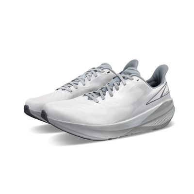 Altra Experience Flow road running shoes with a breathable white and grey mesh upper, 4mm drop, and FootShape fit for a smooth, efficient ride.