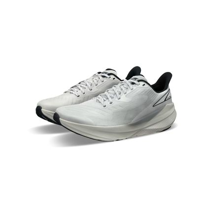 Women&#39;s Altra Experience Flow road running shoes in white and gray breathable mesh with a 4mm drop and FootShape fit, built for smooth, lightweight performance.

