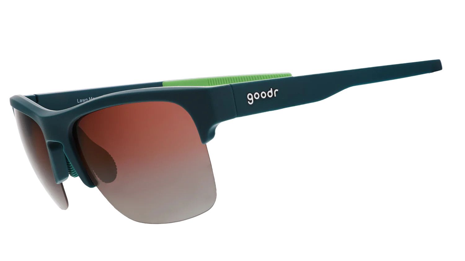 Green wraparound Goodr Flex G sunglasses with rose gradient lenses, designed for wide faces, shown on a white background.


