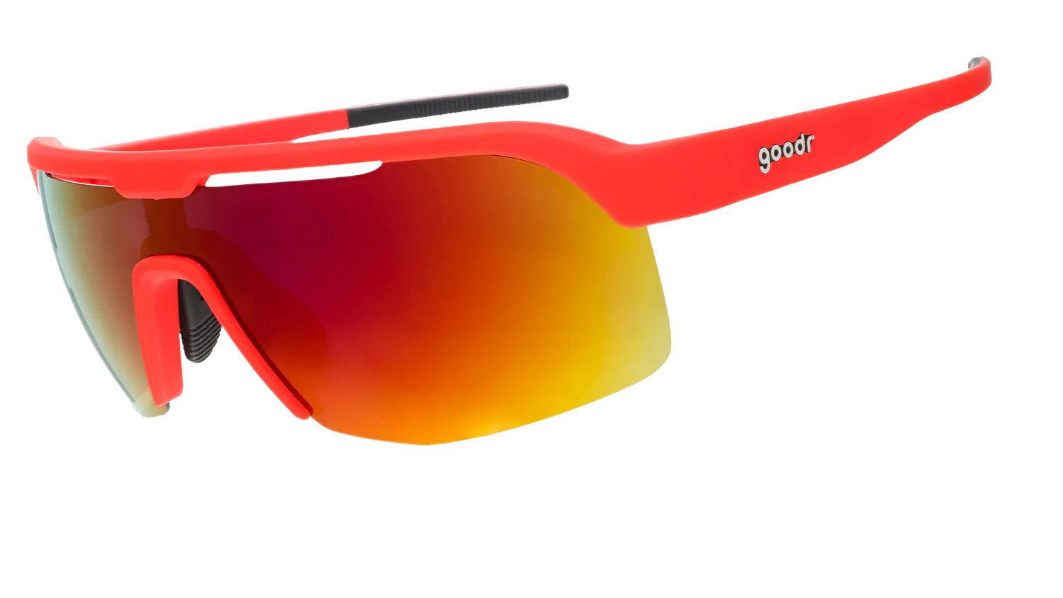 Red shield sport sunglasses with half-rim frames, rose reflective lenses, and a fiery aesthetic inspired by Dante&#39;s Inferno.
