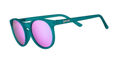 Teal round sunglasses with purple polarized lenses, styled in a small, hip frame.