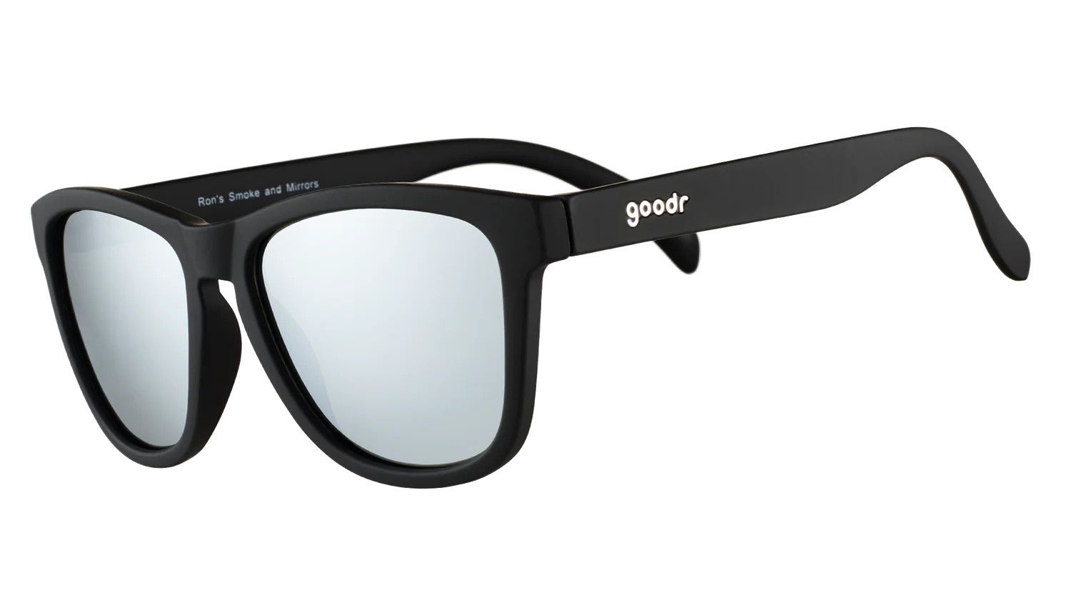 Black sunglasses with chrome reflective lenses in a classic OG frame, offering no-slip, no-bounce performance.

