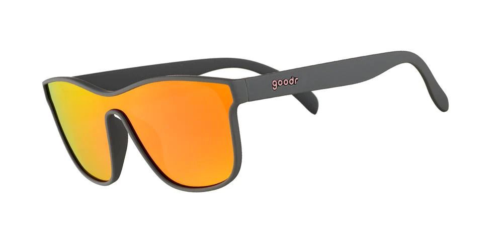 Goodr VRG Voight-Kampff Vision Sunglasses – polarized gray and red single-lens futuristic sunglasses with UV400 protection.