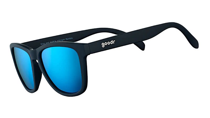 Goodr OG Mick And Keith&#39;s Midnight Ramble Sunglasses – black and blue sunglasses with polarized lenses and no-slip, no-bounce frames.