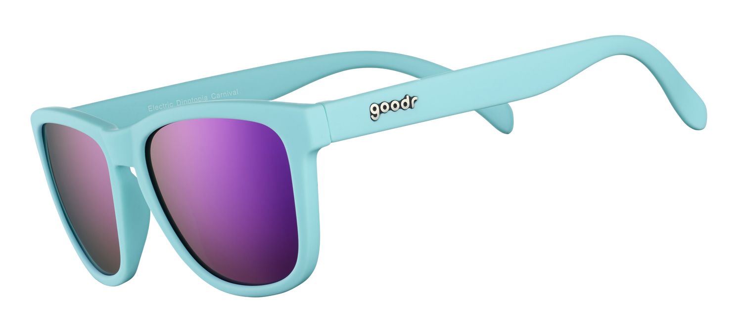 Goodr OG Electric Dinotopia Carnival Sunglasses – teal and purple polarized shades with a no-slip, no-bounce fit.