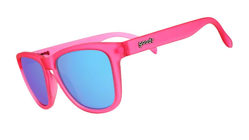 Goodr OG Flamingos on a Booze Cruise – pink sunglasses with teal polarized lenses for sunny adventures.