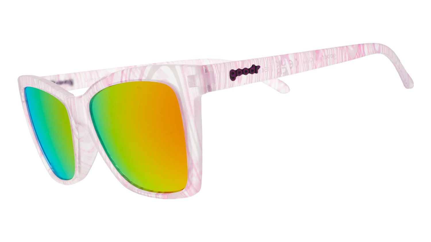 Goodr Pop G Living in a Material Swirl – pink marble sunglasses with reflective pink polarized lenses.