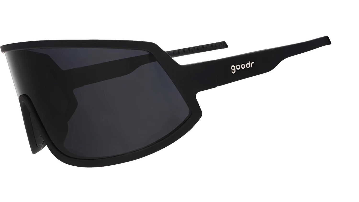 Goodr Wrap G Blacklisted from the Go Kart Track – extreme black wraparound sunglasses with polarized lenses and removable nosepiece.
