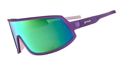 Goodr Wrap G Look Ma, No Hands! – purple wraparound sunglasses with blue-green polarized lenses and wide fit.