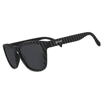 Goodr OG Race To The Open Bar – black pinstripe sunglasses with black non-reflective polarized lenses.