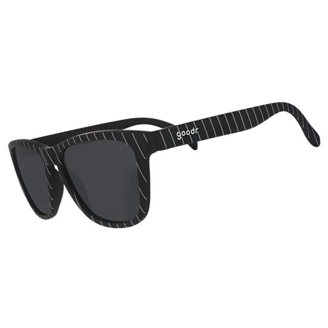 Goodr OG Race To The Open Bar – black pinstripe sunglasses with black non-reflective polarized lenses.