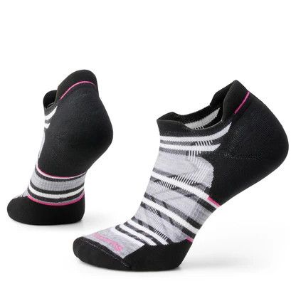 Smartwool striped merino wool running socks in black and white with pink accents—low ankle height with targeted cushion.