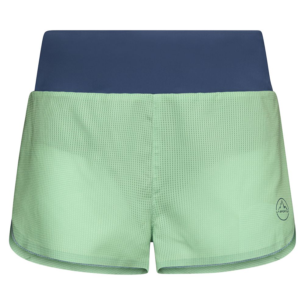 La Sportiva women&#39;s Freccia trail running shorts in Aspen Green with inner brief and mesh pocket
