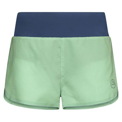 La Sportiva women&#39;s Freccia trail running shorts in Aspen Green with inner brief and mesh pocket
