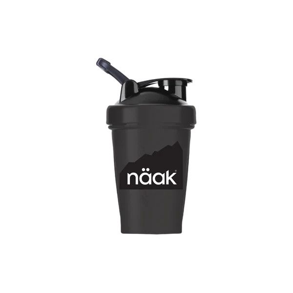 Black see through Näak shaker bottle with 400ml capacity, wire whisk, and twist-top lid for easy mixing of protein or recovery drinks.